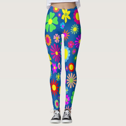 Leggings Motif de flower power sur le bleu (Devant)
