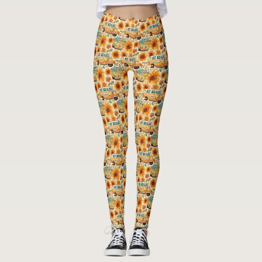 Leggings Motif de fourgonnette rétro tournesol – Bohème Hip (Devant)