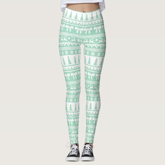 Leggings Motif de Knit moche de Noël en vert menthe (Devant)