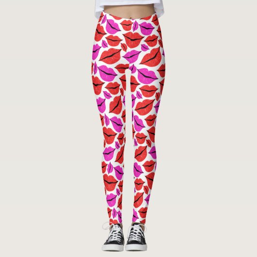 Leggings Motif de la Saint Valentin des lèvres rouges roses (Devant)
