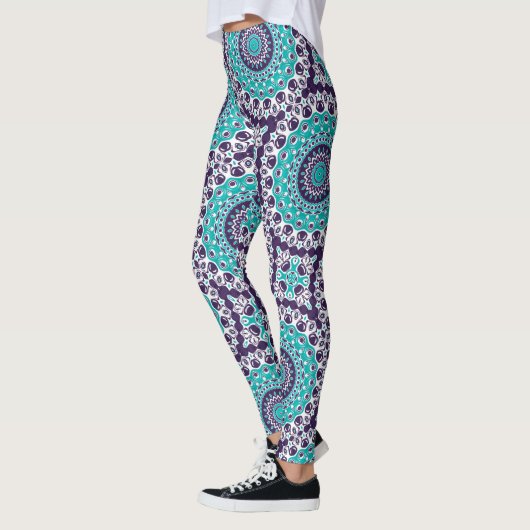 Leggings Motif de mandala abstrait sarcelle et violet (Gauche)