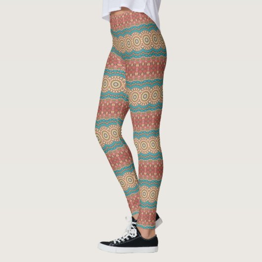 Leggings Motif de mandala géométrique Turquoise et Terracot (Gauche)