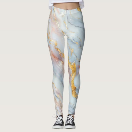 Leggings Motif de marbre fluide avec pêche, gris et or (Devant)