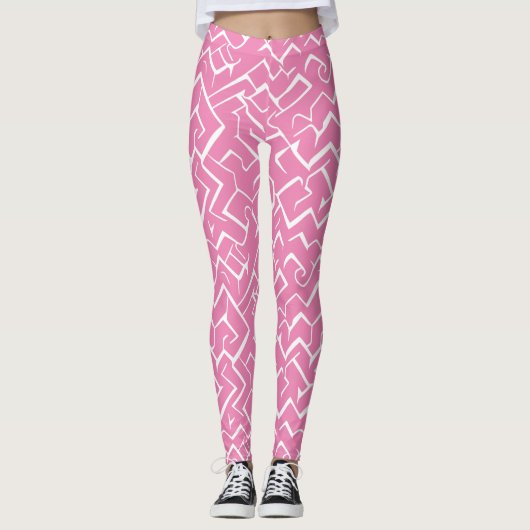 Leggings Motif de méandre rose et blanc | Maze moderne (Devant)