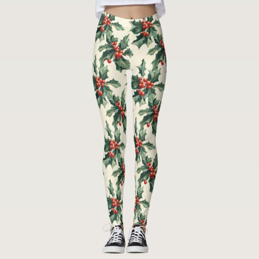Leggings Motif de Noël avec Holly Feuilles et Red Berry (Devant)