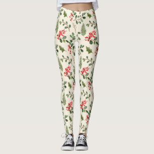 Leggings Motif de Noël Holiday Green Holly Red Berry 