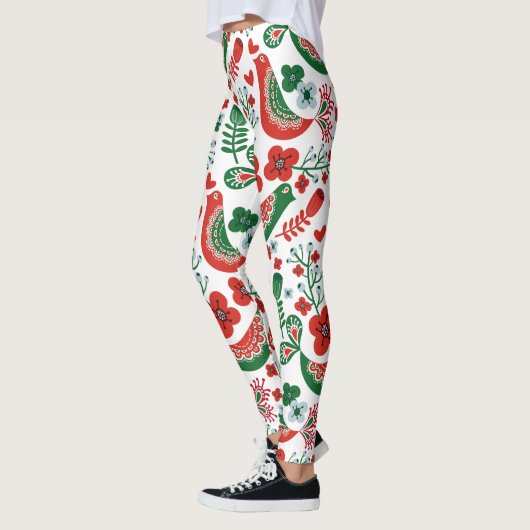Leggings Motif de Noël scandinave w Fleurs et oiseaux (Gauche)