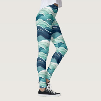 Leggings Motif de plage côtière aux vagues océaniques bleue