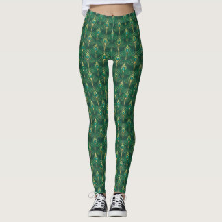 Leggings Motif de plumes de paon en vert émeraude et or