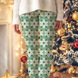 Leggings Motif de Poinsettia Vert et Blanc pour Noël