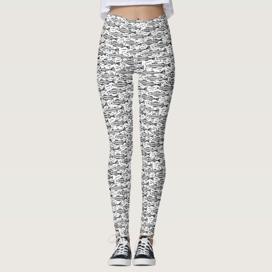 Leggings Motif de poisson noir sur blanc (Devant)
