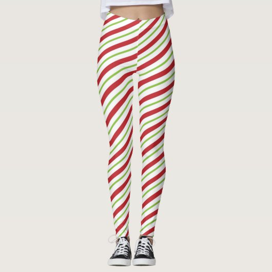Leggings Motif De Sucre de canne Diagonal Rouge Et Vert (Devant)