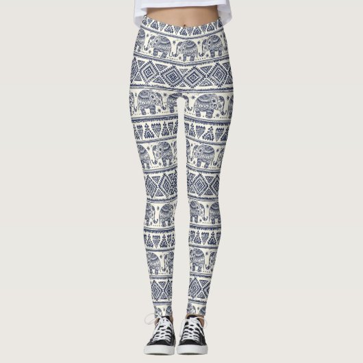 Leggings Motif d'éléphant ethnique bleu (Devant)