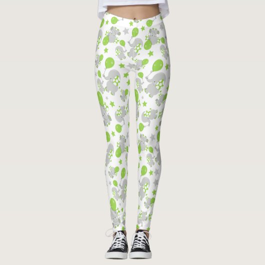 Leggings Motif Des Eléphants, Eléphants Mignons - Grey Vert (Devant)