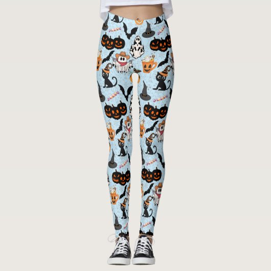 Leggings Motif d'Halloween. Éffrayant et mignon L Bleu BG (Devant)