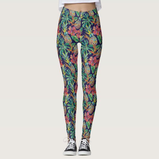 Leggings Motif d'hibiscus à ananas tropicaux (Devant)
