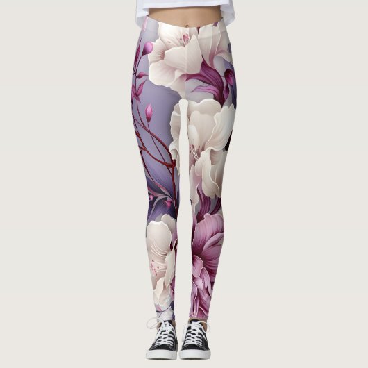 Leggings Motif d'orchidées blanches et violettes (Devant)