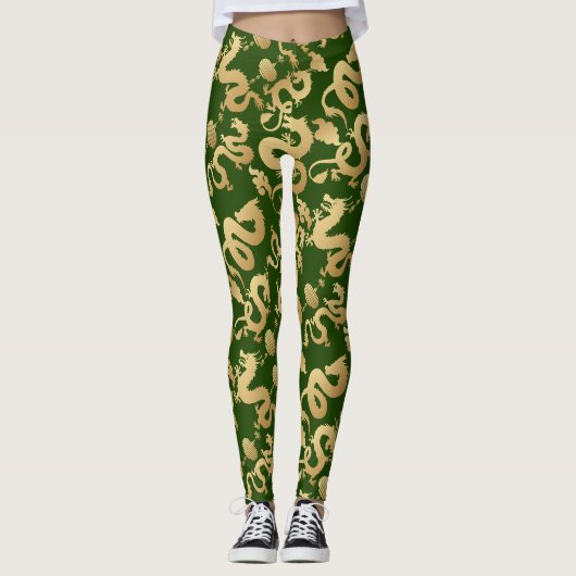 Leggings Motif Dragons Dorés D Fond Vert (Devant)