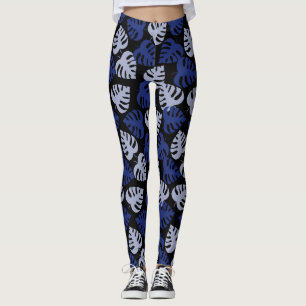 Leggings Motif en feuille de monstère bleu et gris sur noir