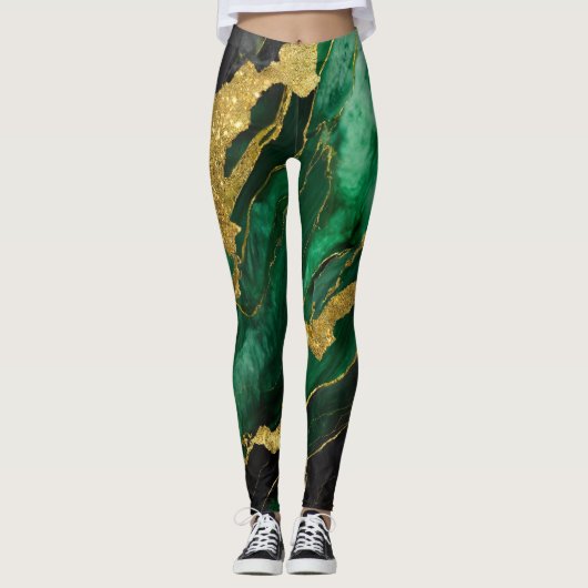 Leggings Motif en marbre vert avec or (Devant)