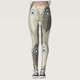 Leggings Motif en plumes de paon, style vintage.