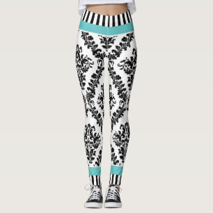 Leggings Motif et rayures Aqua et noir blanc damassé