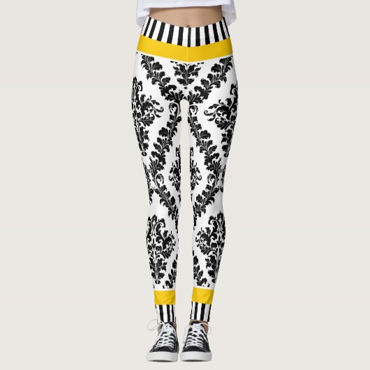 Leggings Motif et rayures damassé jaune et noir blanc (Devant)