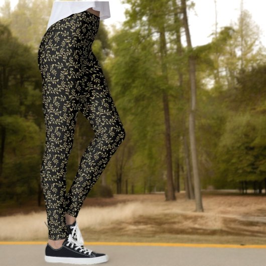Leggings Motif Feuille verte sur noir