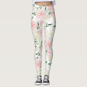 Leggings Motif floral aquarelle rose tendre et pivoine