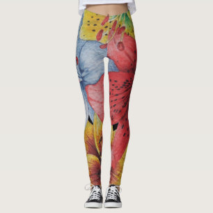 Leggings motif floral audacieux bleu rouge jaune de fleurs
