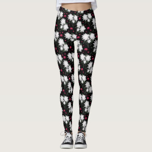 Leggings Motif floral blanc élégant sur fond noir
