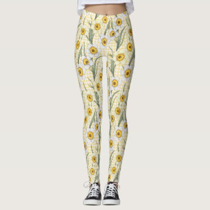 Leggings Motif floral botanique narcisse gingham jaune