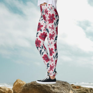 Leggings Motif floral chic rouge blanc de poinsettia