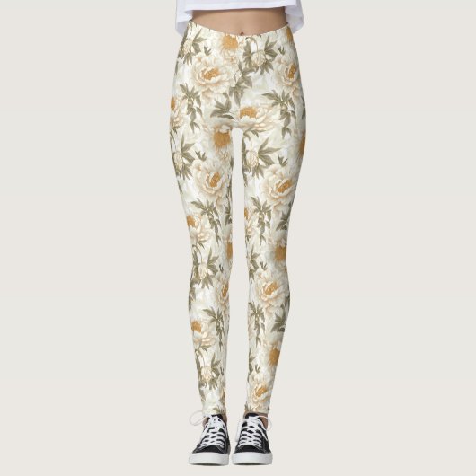 Leggings Motif floral de pivoine blanche (Devant)