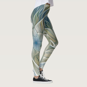 Leggings Motif floral de rêve abstrait bleu kaki fractal