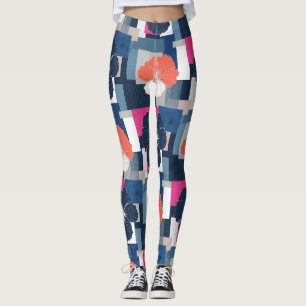 Leggings Motif floral d'hibiscus bleu élégant (1)