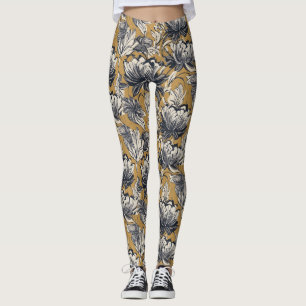 Leggings Motif floral élégant noir et blanc sur fond doré m