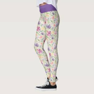 Leggings Motif floral fleurs aquarelle rose violet