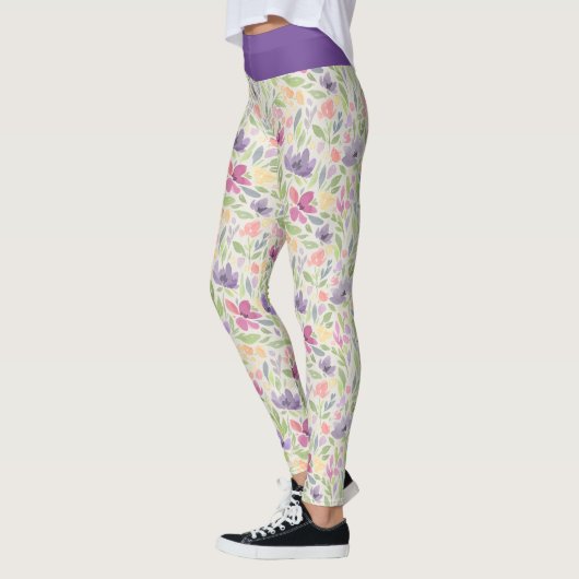 Leggings Motif floral fleurs aquarelle rose violet (Gauche)