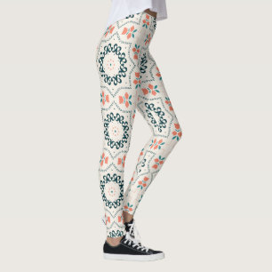 Leggings Motif floral géométrique islamique corail sarcelle