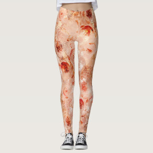 Leggings Motif floral grunge. Fond corail.