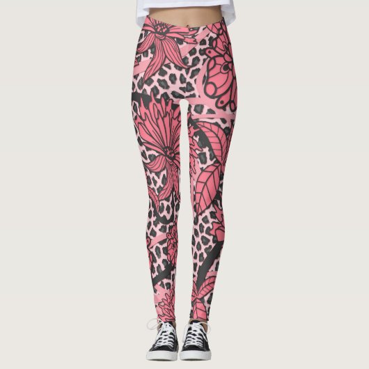Leggings Motif floral noir assez rose d'empreinte de (Devant)