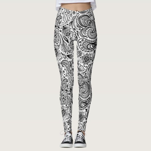 Leggings Motif floral orné noir et blanc (Devant)