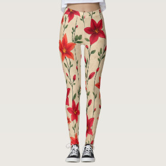 Leggings Motif floral rouge et orange