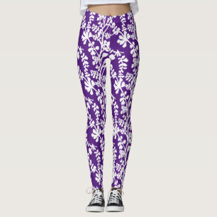 Leggings Motif Floral Violet Et Blanc