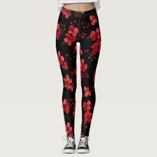 Leggings Motif foncé à fleurs rouges