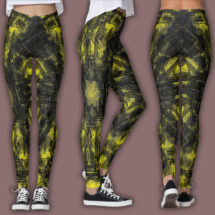 Leggings Motif Géométrique Abstrait Noir et Jaune