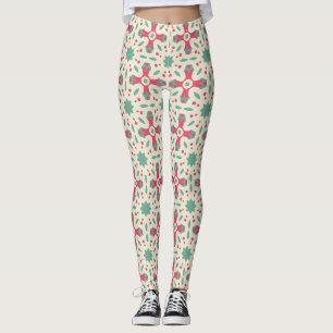 Leggings Motif géométrique floral folk rose sarcelle