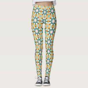 Leggings Motif géométrique floral orange sarcelle