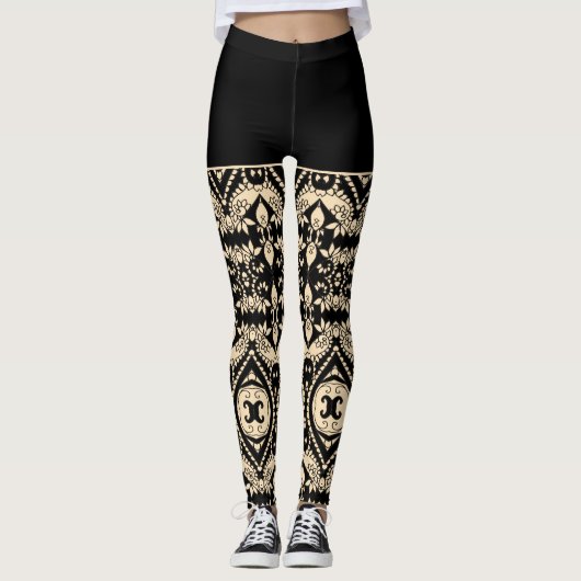 Leggings Motif géométrique noir et beige (Devant)
